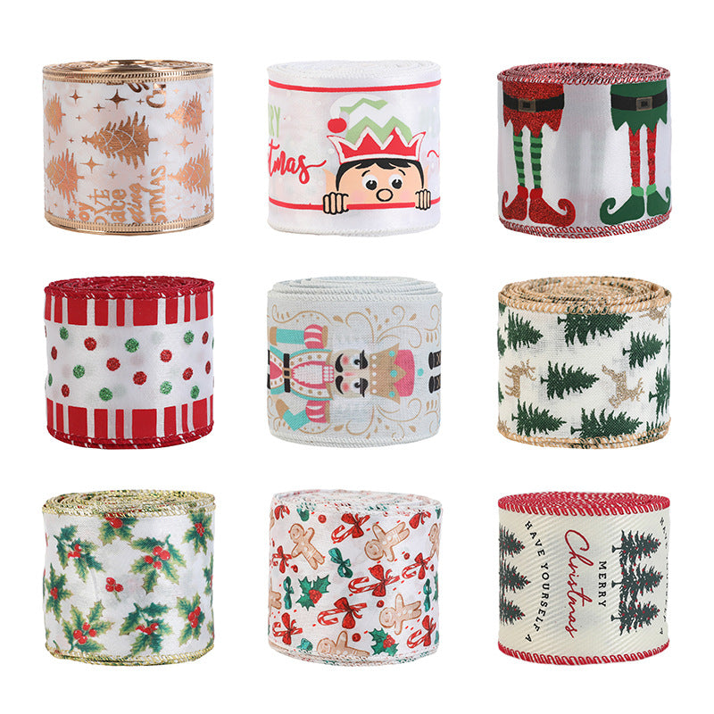 Christmas decoration ribbon, cedar pattern printed ribbon, bow tie, Christmas decoration ribbon, holiday ribbon