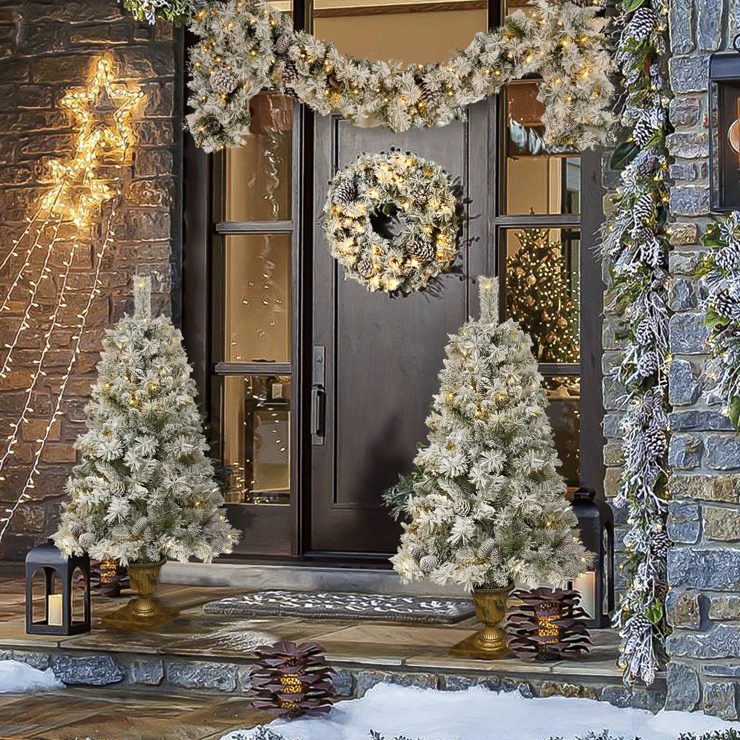 Copy of A set of 4 artificial Christmas trees, including flower garlands, flower garlands, and 2 entrance trees, with LED lights